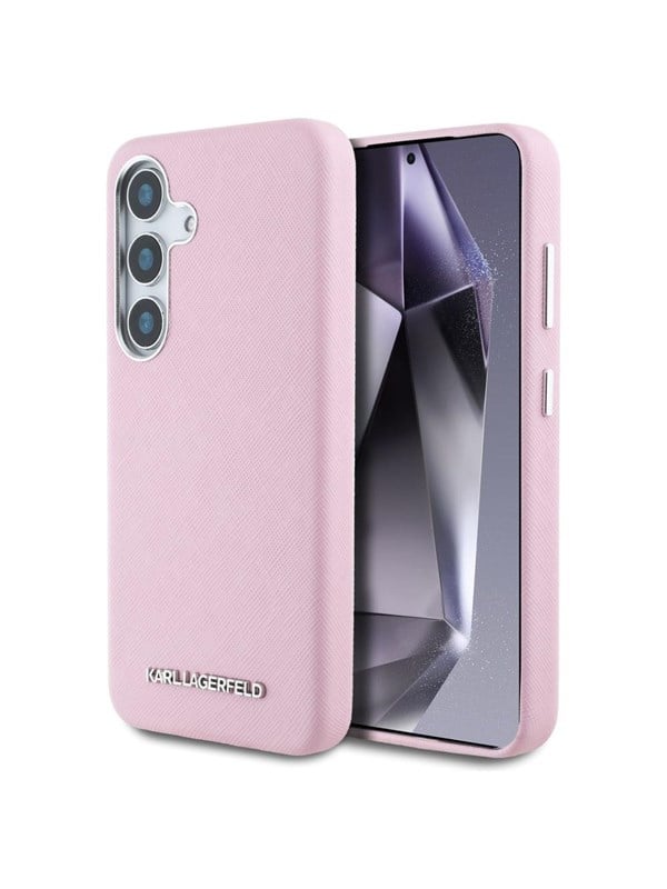 Karl Lagerfeld Saffiano Full Wrapped Elongated Metal Logo MagSafe Case for Samsung Galaxy S25+ - Pink