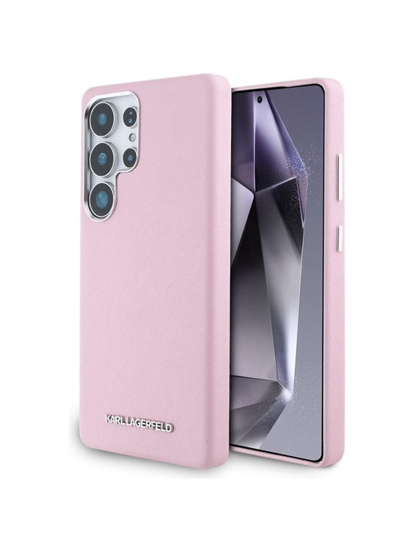 Karl Lagerfeld Saffiano Full Wrapped Elongated Metal Logo MagSafe Case for Samsung Galaxy S25 Ultra - Pink