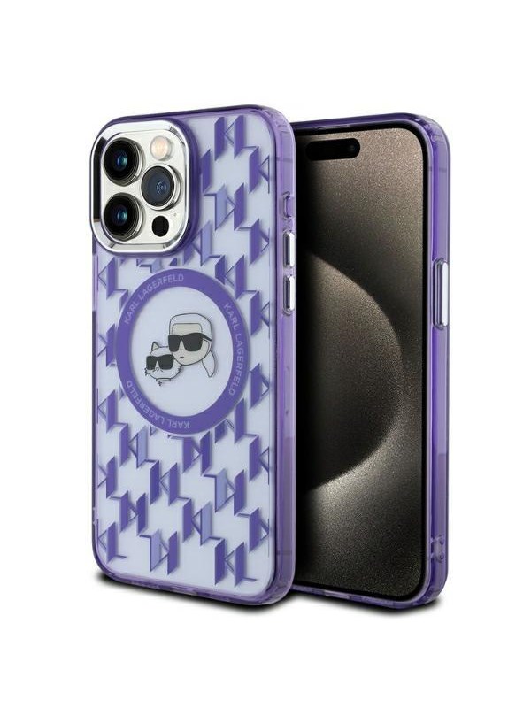 Karl Lagerfeld IML Monogram Karl & Choupette Head MagSafe Case for iPhone 15 Pro Max - Purple