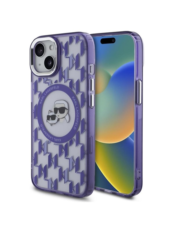 Karl Lagerfeld IML Monogram Karl & Choupette Head MagSafe iPhone 15 Case - Purple