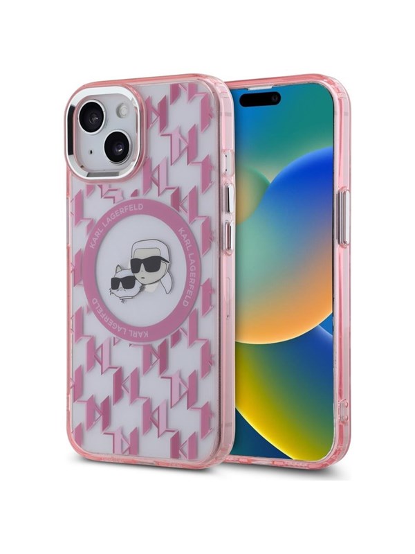 Karl Lagerfeld IML Monogram Karl & Choupette Head MagSafe iPhone 15 Plus Case - Pink