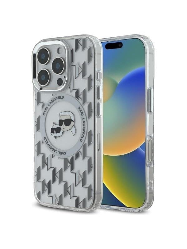 Karl Lagerfeld IML Monogram Karl & Choupette Head MagSafe iPhone 16 Pro Case - Clear