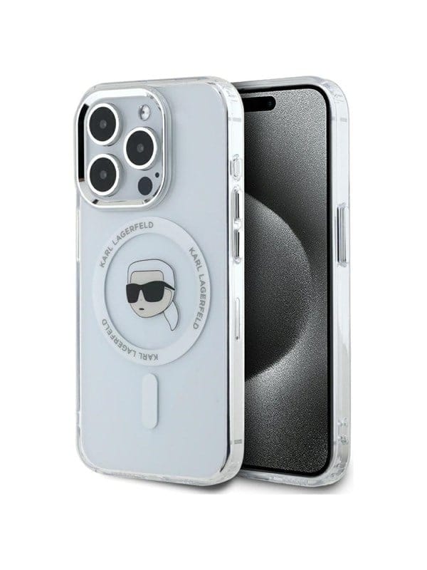 Karl Lagerfeld IML Metal Karl Head MagSafe Case for iPhone 15 Pro White