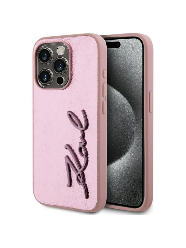 Karl Lagerfeld Wrinkled Metal Signature iPhone 15 Pro Max Case - Pink