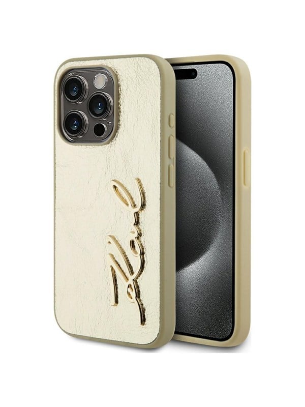 Karl Lagerfeld Wrinkled Metal Signature iPhone 15 Pro Max Case - Gold