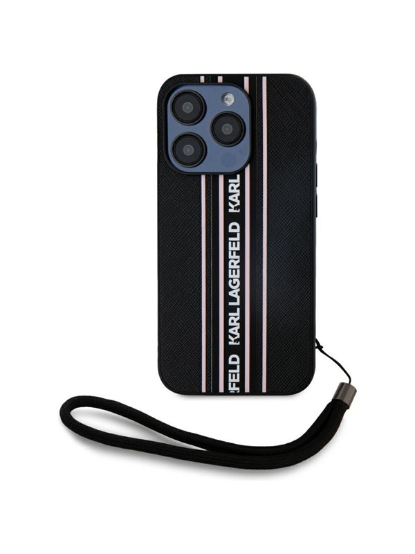 Karl Lagerfeld Saffiano Athleisure Stripes Cord iPhone 15 Pro Max Case - Pink