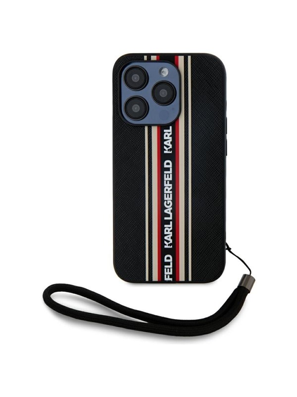 Karl Lagerfeld Saffiano Athleisure Stripes Cord iPhone 15 Pro Case - Red