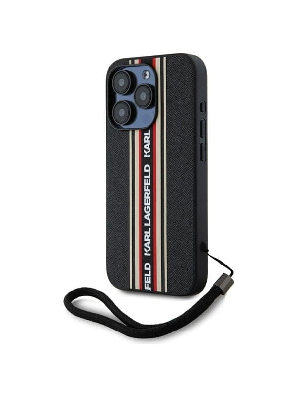 Karl Lagerfeld Saffiano Athleisure Stripes Cord iPhone 15 Pro Max Case - Red
