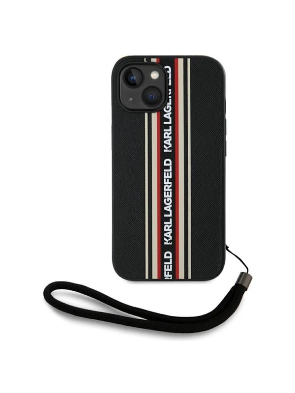 Karl Lagerfeld Saffiano Athleisure Stripes Cord iPhone 15 Case - Red
