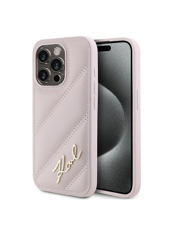Karl Lagerfeld Diagonal Quilted Script case for iPhone 15 Pro Max - pink