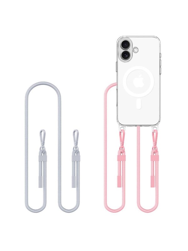 Tech-Protect Flexair Chain MagSafe Case for iPhone 16 - Clear + 2 Lanyards (Pink & Gray)