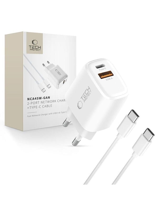 Tech-Protect NCA45W-GAN 2-Port 45W AC Charger with USB-C Cable - White
