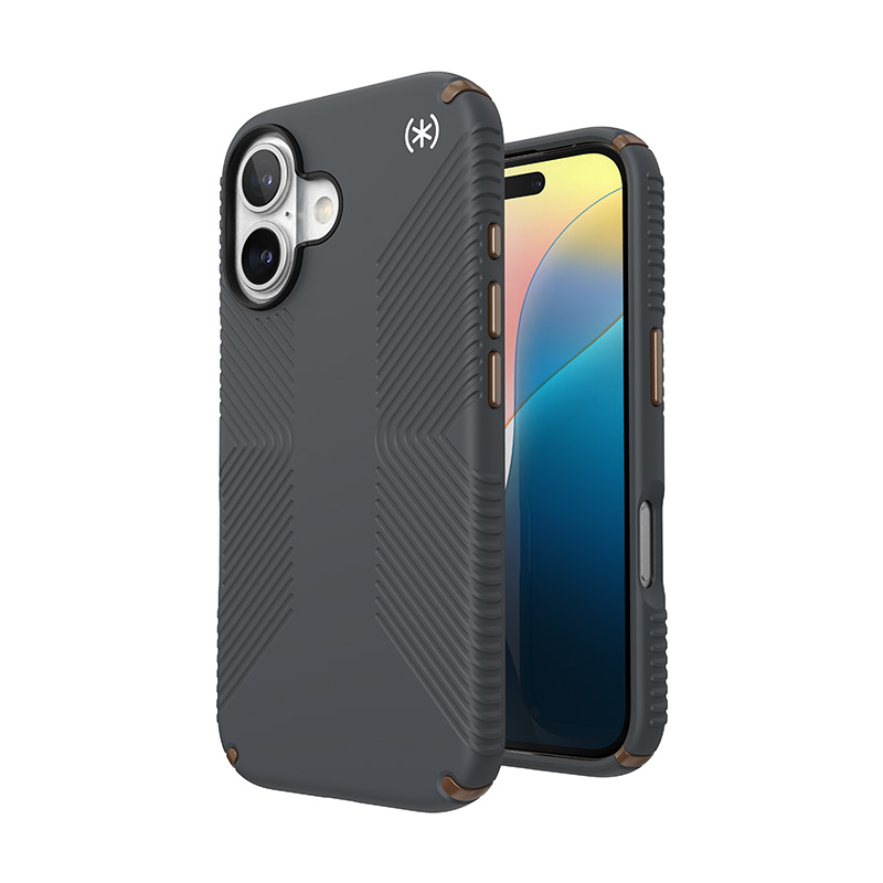 Speck Presidio2 Grip - iPhone 16 Case - Charcoal Gray / Cool Bronze / White