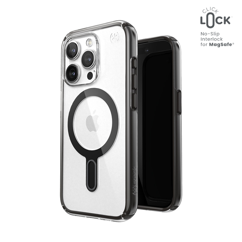 Speck Presidio Perfect-Clear ClickLock & Magsafe - iPhone 15 Pro Case - Clear / Frosted Black / Slate Gray