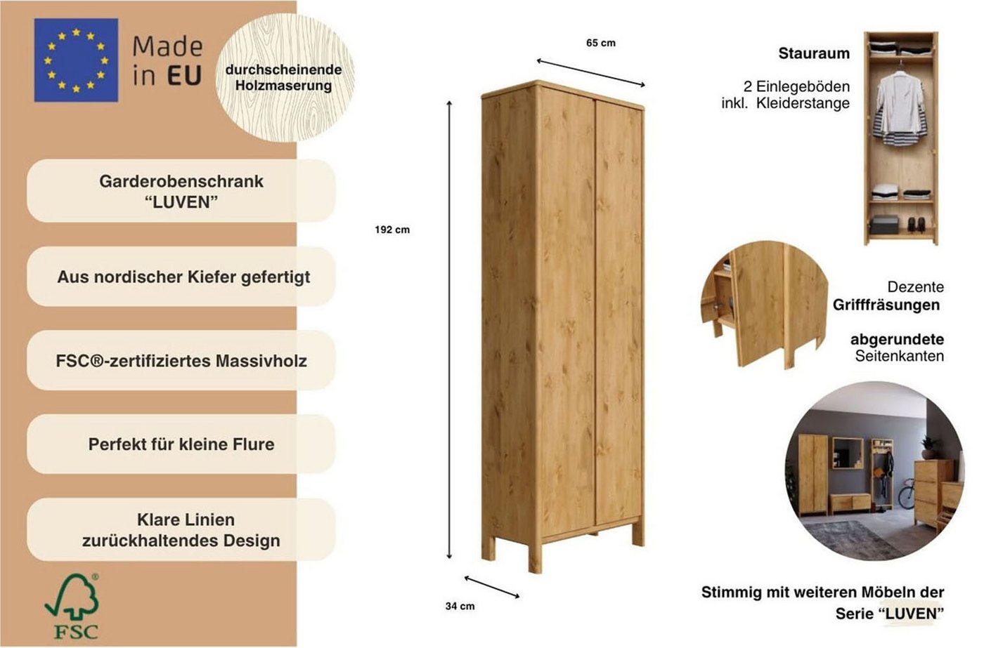 OTTO home Garderobenschrank Luven, Dielenschrank, Kleiderschrank, Schrank FSC®-zertifiziertes Massivholz Kiefer, Höhe 192 cm