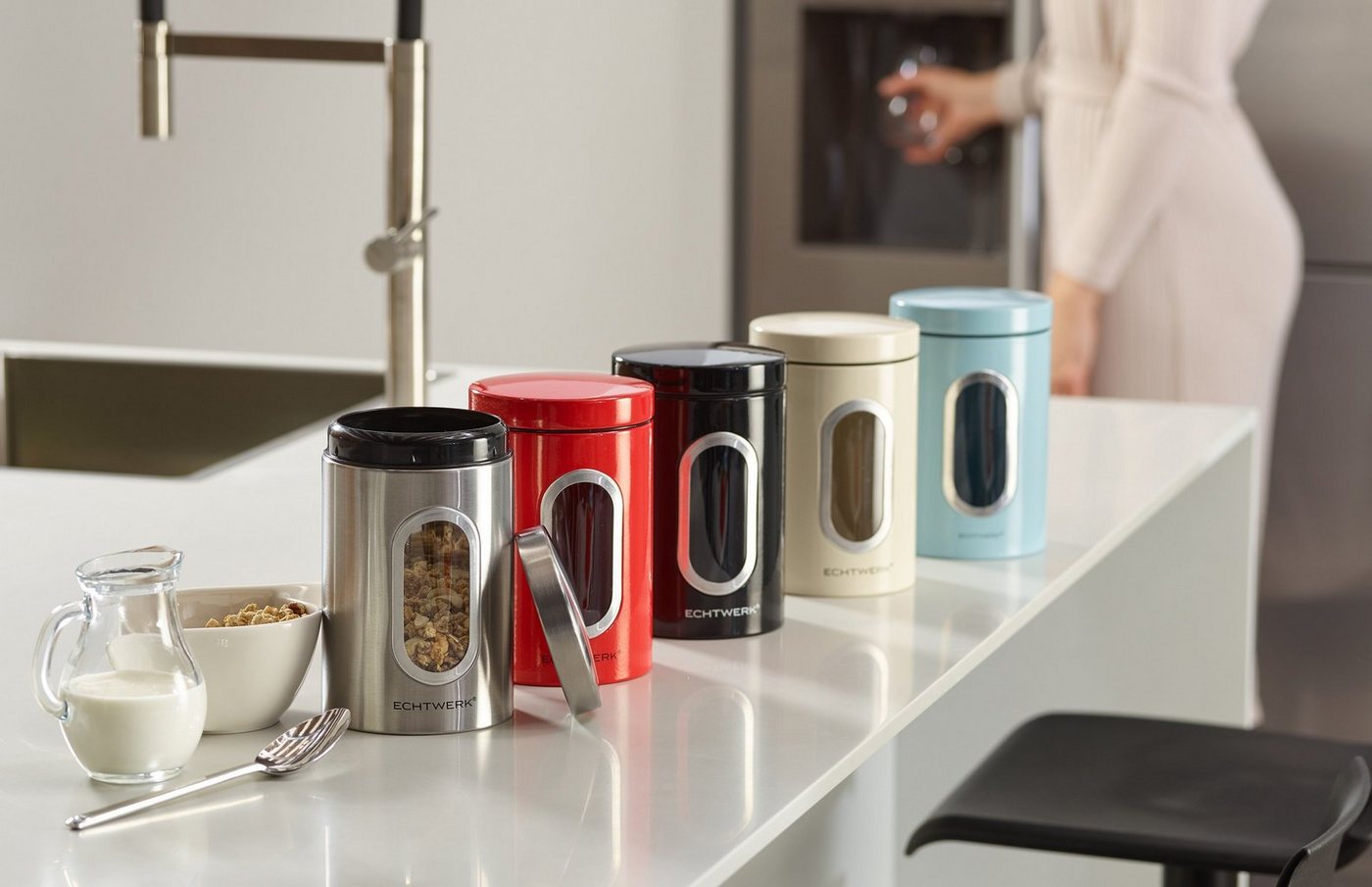 ECHTWERK Vorratsdose Aufbewahrungsdosen-Set mit Sichtfenster, je 1,4 Liter, Metall, (Set, 3-tlg), für Mehl, Müsli, Kaffee oder Zucker, mit Klick-Deckel