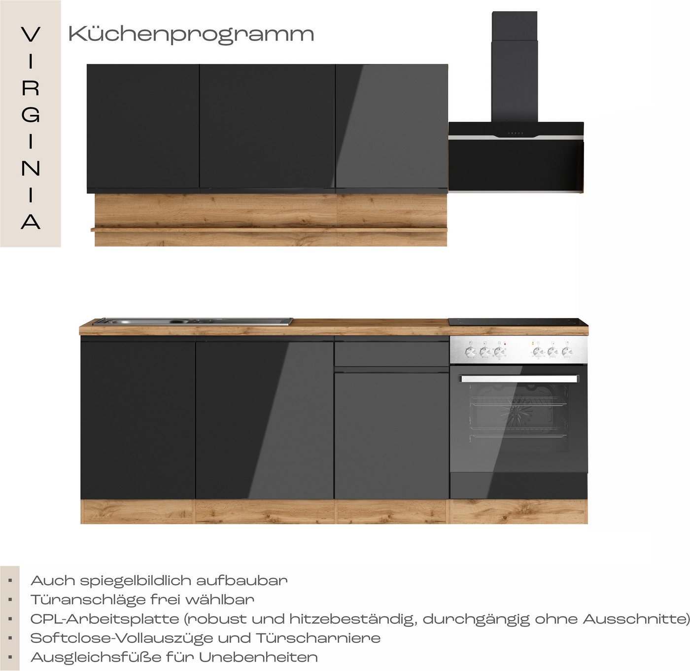 KOCHSTATION Küchenzeile KS-Virginia,neu in verbesserter Ausführung, Breite 220 cm, Soft-Close, wahlweise mit E-Geräten
