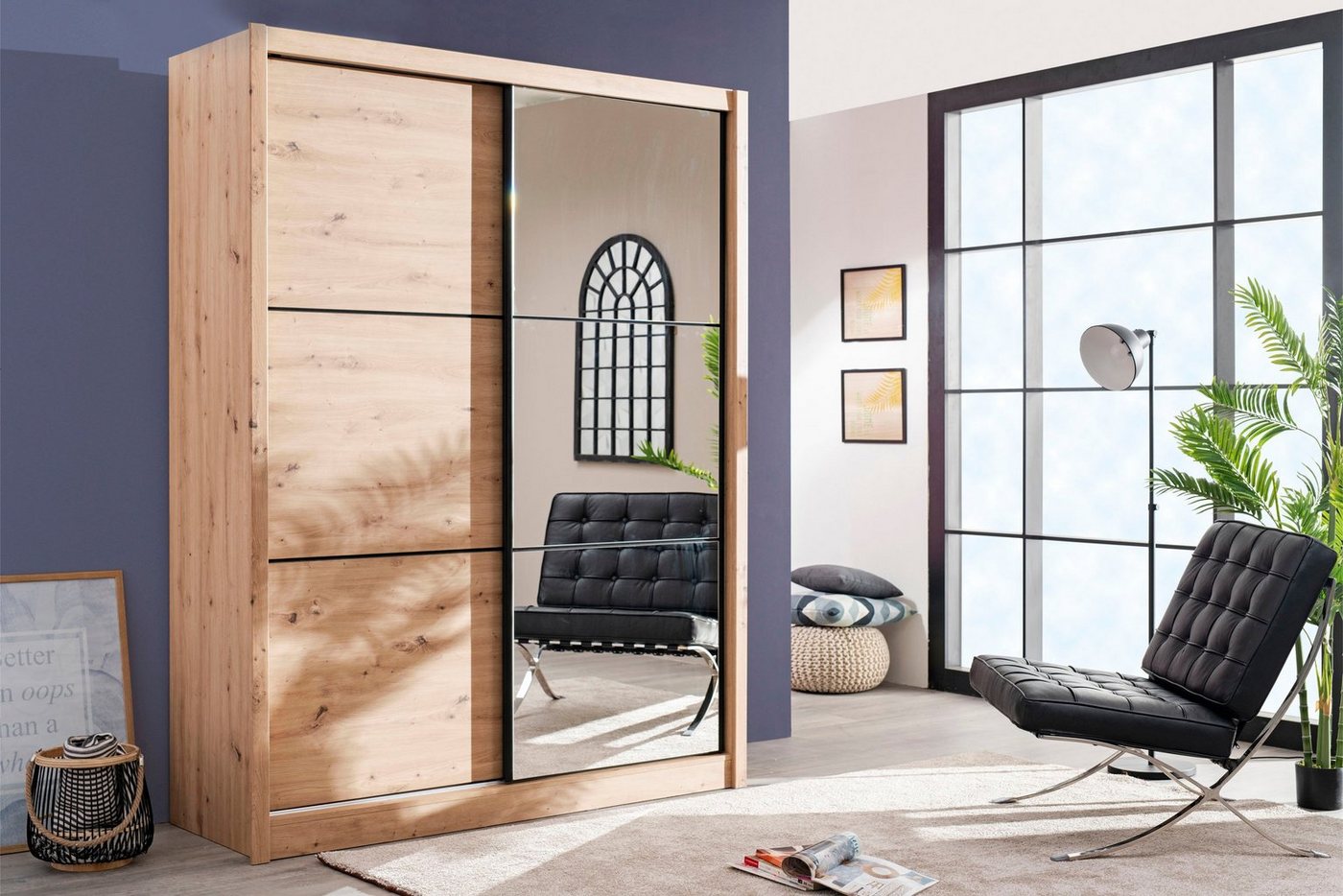 Home affaire Schwebetürenschrank Navara Kleiderschrank mit Spiegel Wäscheschrank Garderobe mit großzügiger Innenausstattung, FSC®-zertifiziert, in 3 Breiten