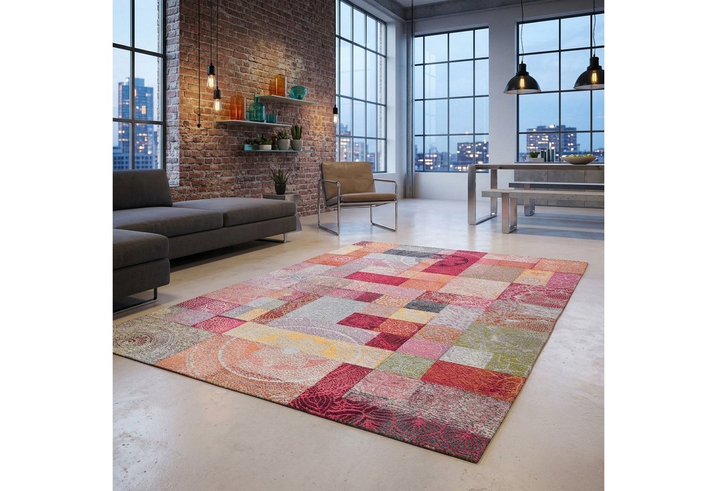 Gino Falcone Teppich Cosima-112, rechteckig, Höhe: 3 mm, Flachgewebe, mit Chenillegarn, modernes Patchwork-Design, Ornamente