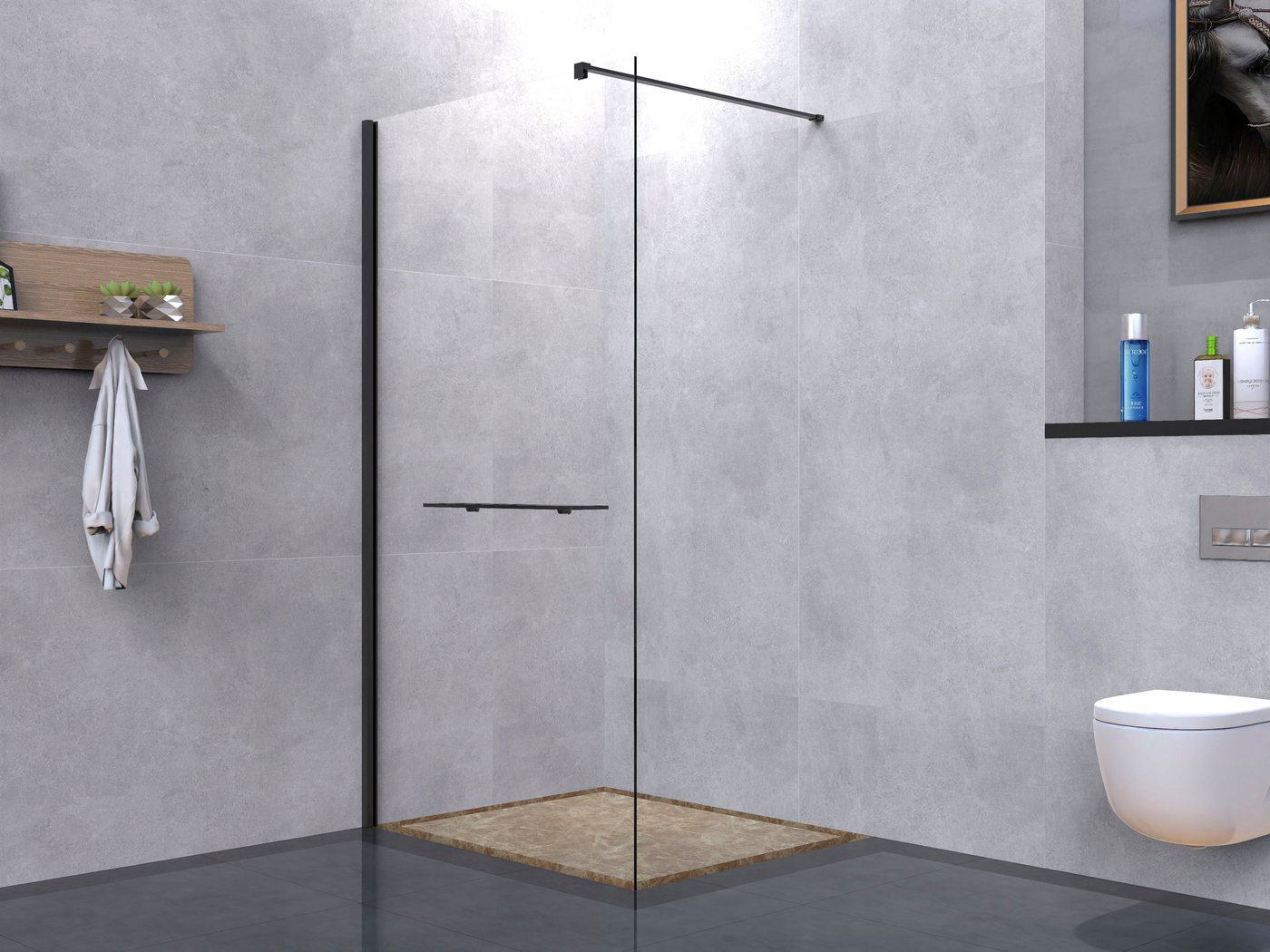 welltime Walk-in-Dusche Plus, Einscheibensicherheitsglas, Duschwand inkl. Ablage mit Handtuchhalter, mit Aluminium-Wandprofil Bild 2
