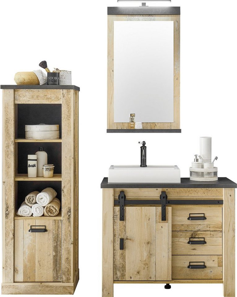 Home affaire Badmöbel-Set SHERWOOD, Bad im modernen Design, 3-teiliges Badezimmer, (3-St), in 2 Farben verfügbar, Scheunentorbeschlag & Apothekergriff aus Metall Bild 4