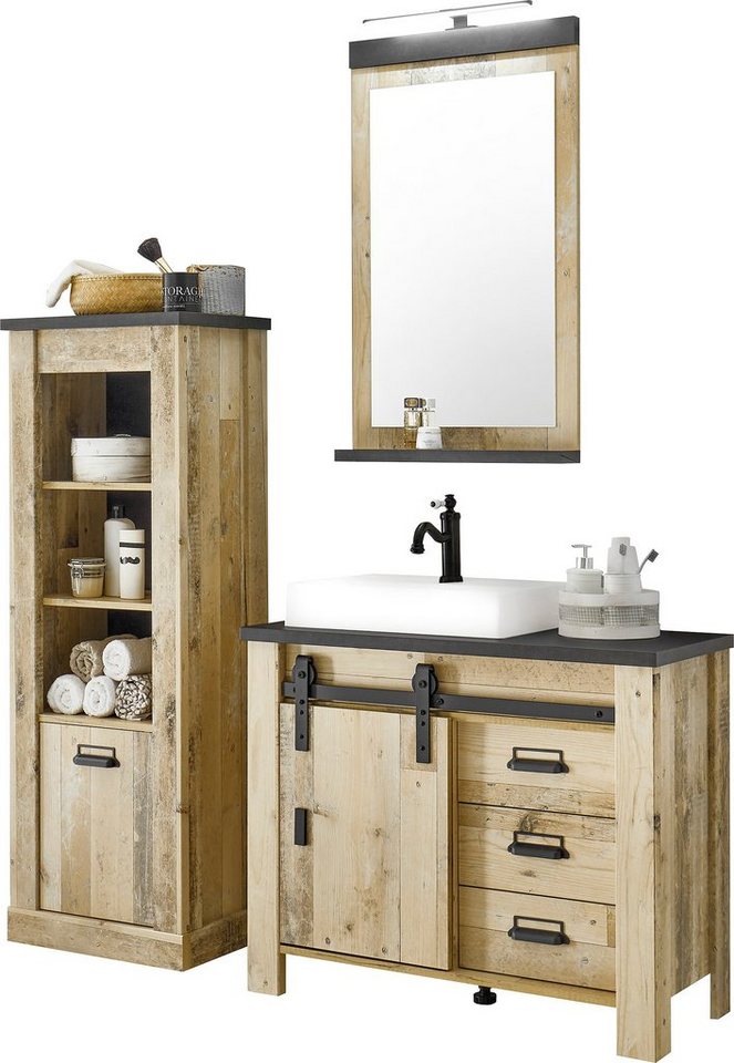 Home affaire Badmöbel-Set SHERWOOD, Bad im modernen Design, 3-teiliges Badezimmer, (3-St), in 2 Farben verfügbar, Scheunentorbeschlag & Apothekergriff aus Metall Bild 5