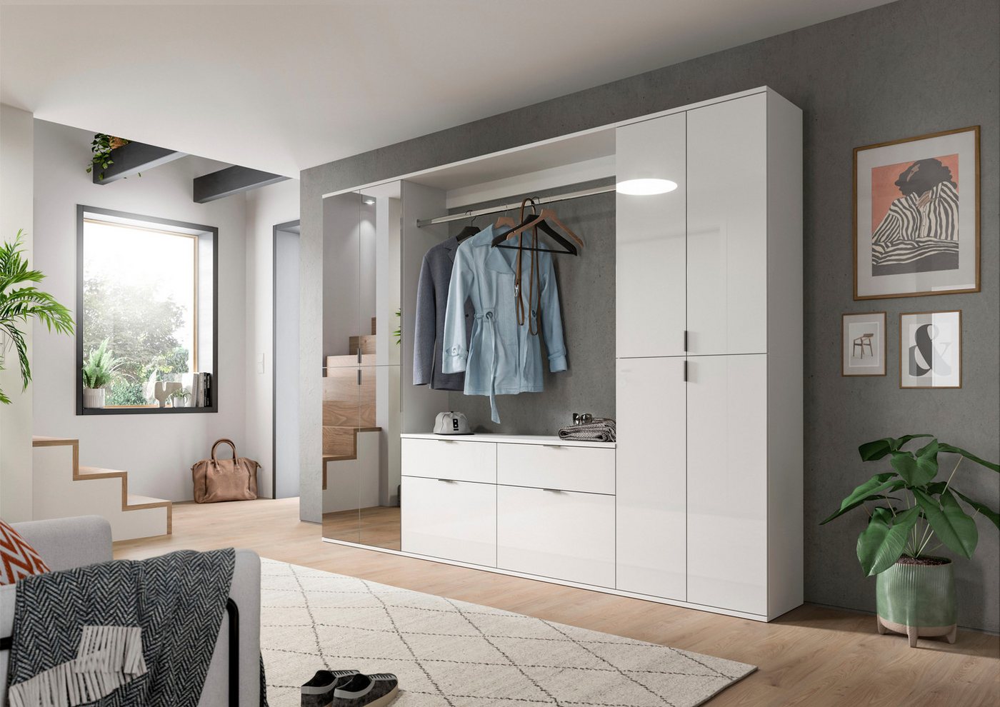 Home affaire Garderobenschrank TRONDHEIM, Höhe 193 cm, 4 Türen, 9 Fächer, 7 Einlegeböden (inkl. ausziehbarer Kleiderstange, in verschiedenen Farben erhältlich) Schrank, Hochschramk, Mehrzweckschrank, Universalschrank, Flur, Diele