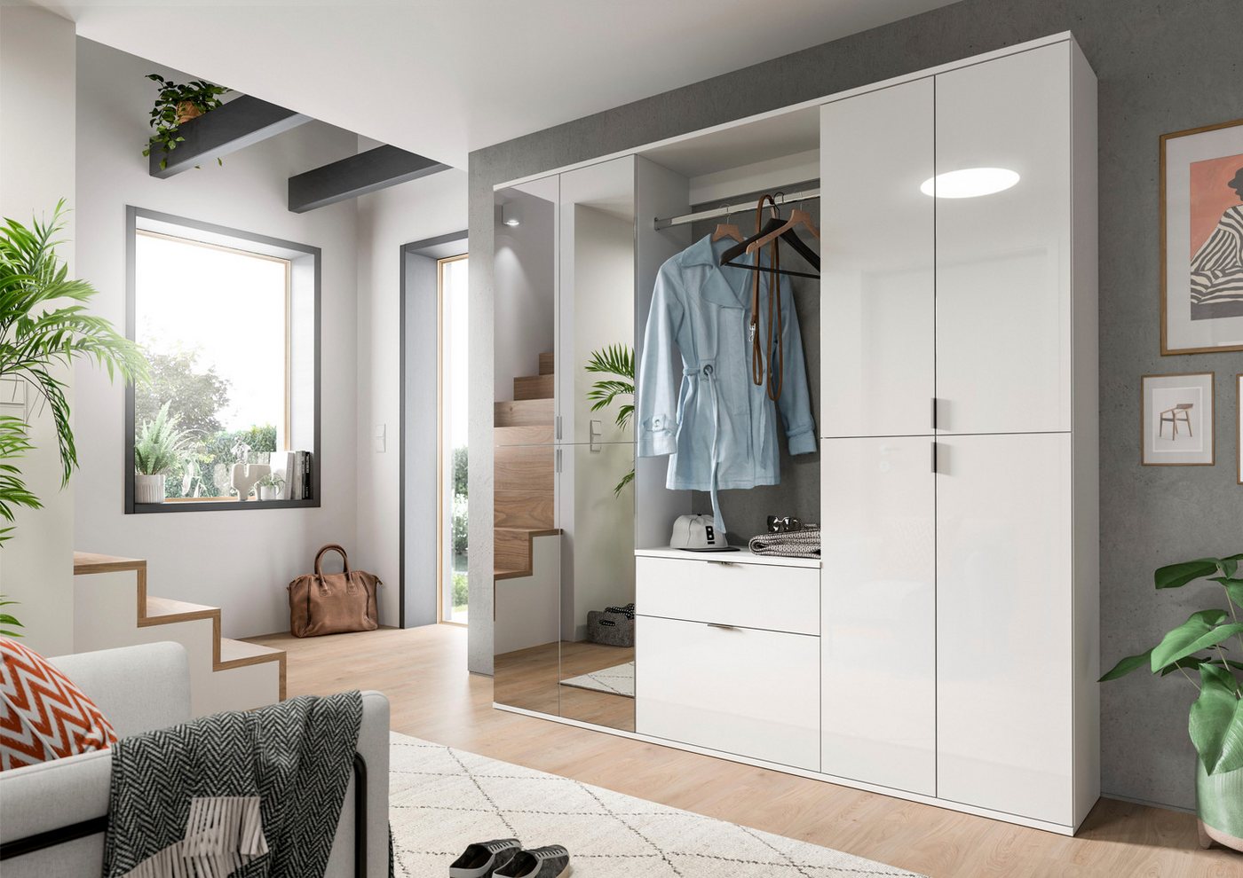 Home affaire Garderobenschrank TRONDHEIM, Höhe 193 cm, 4 Türen, 9 Fächer, 7 Einlegeböden (inkl. ausziehbarer Kleiderstange, in verschiedenen Farben erhältlich) Schrank, Hochschramk, Mehrzweckschrank, Universalschrank, Flur, Diele Bild 5