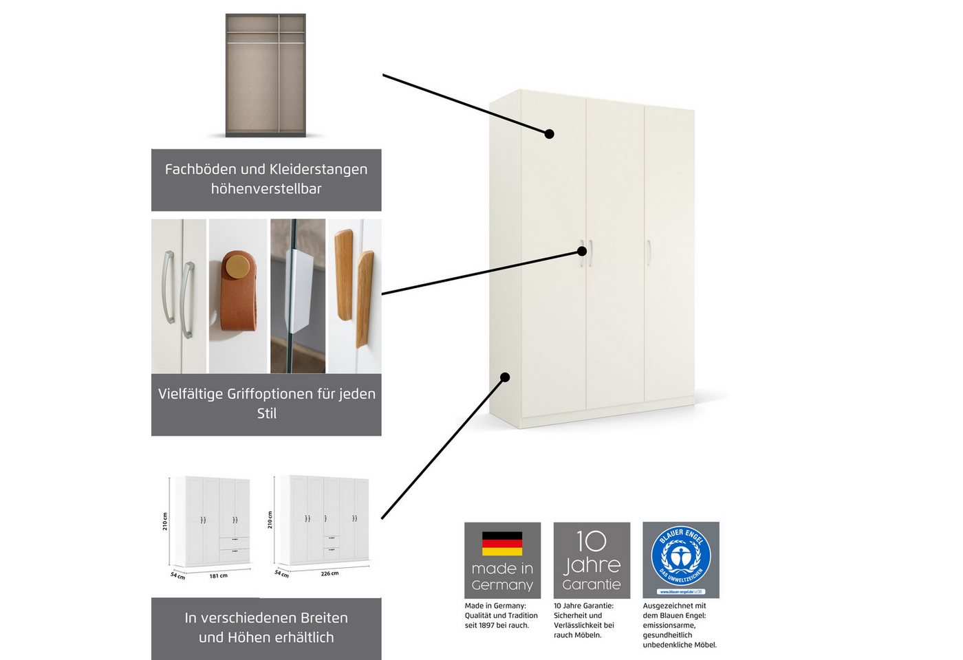 rauch Drehtürenschrank Kleiderschrank Schrank Garderobe Ankleide MODERN BY QUADRA SPIN (Breiten: 181/226/271 cm, Höhe 210 cm) mit hochwertiger Glasfront und Stangengriff MADE IN GERMANY