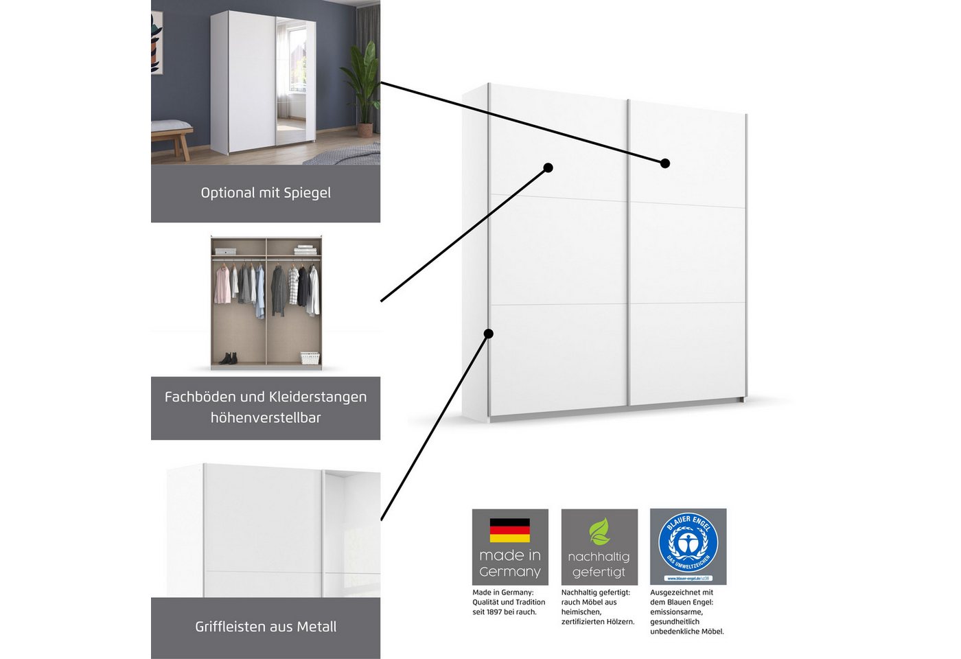 rauch Schwebetürenschrank AURELIO Kleiderschrank Garderobe (3 Ausstattungen BASIC/CLASSIC/PREMIUM (inkl. SOFT-CLOSE-FUNKTION) zeitloses Design, viele Farben, Breiten 175/218/261 cm MADE IN GERMANY