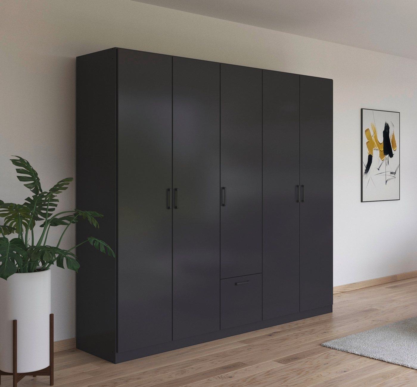 rauch Drehtürenschrank Kleiderschrank Schrank Garderobe Wäscheschrank BARI mit Schubasten mittig, moderner Griff in Graumetallic MADE IN GERMANY Bild 4