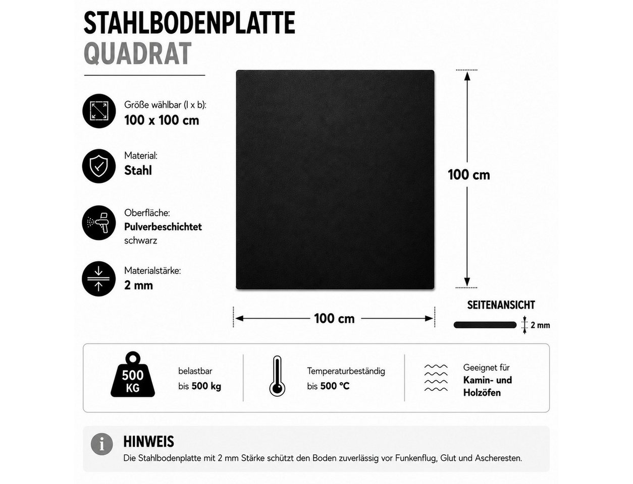 Hanseatic Bodenschutzplatte für Kaminöfen Quadrat 100 Stahl, 1-St., Stahl-Quadrat, 100 x 100 cm, 2mm Stärke, schwarz, zum Funkenschutz Bild 2