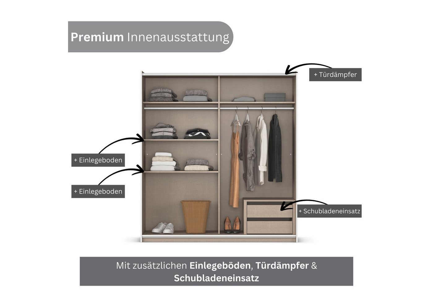 rauch Schwebetürenschrank Kleiderschrank Schrank Garderobe AURELIO (3 Ausstattungen BASIC/CLASSIC/PREMIUM (inkl. SOFT-CLOSE-FUNKTION) zeitloses Design, viele Farben, Breiten 175/218/261 cm MADE IN GERMANY Bild 5