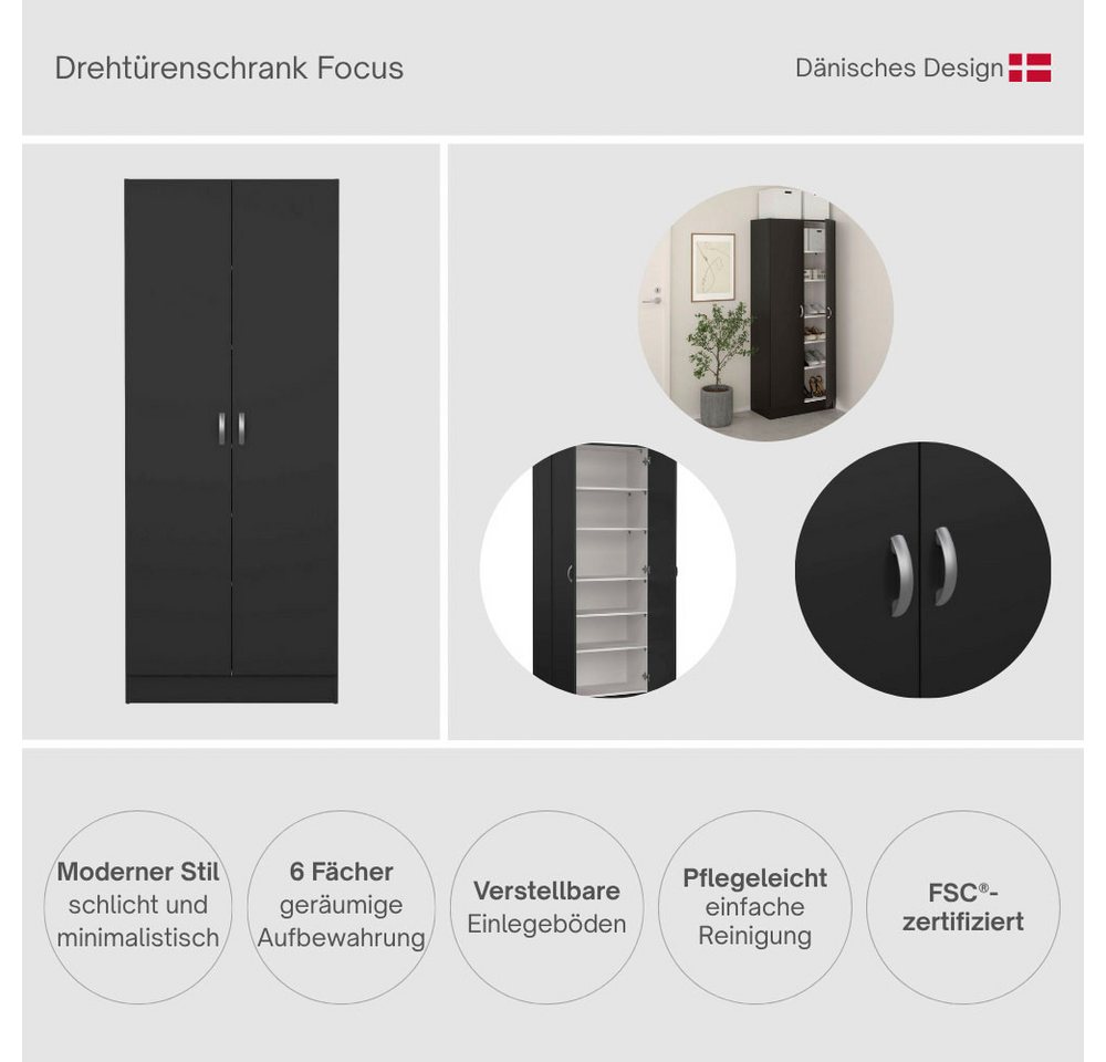 Home affaire Drehtürenschrank Focus, Kleiderschrank, Stauraum mit 2 Türen und 5 Einlegeböden, Breite 69 cm, Höhe 170 cm Bild 3