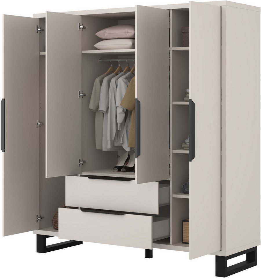 Home affaire Drehtürenschrank Bronne,Breite 191 cm, Kleiderschrank inclusive Innenausstattung Kleiderschrank, 2 Schubkästen, Metallgriffe, Garderobe