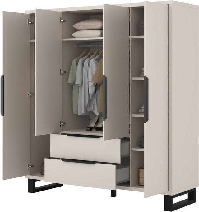 Home affaire Drehtürenschrank Bronne,Breite 191 cm, Kleiderschrank inclusive Innenausstattung Kleiderschrank, 2 Schubkästen, Metallgriffe, Garderobe