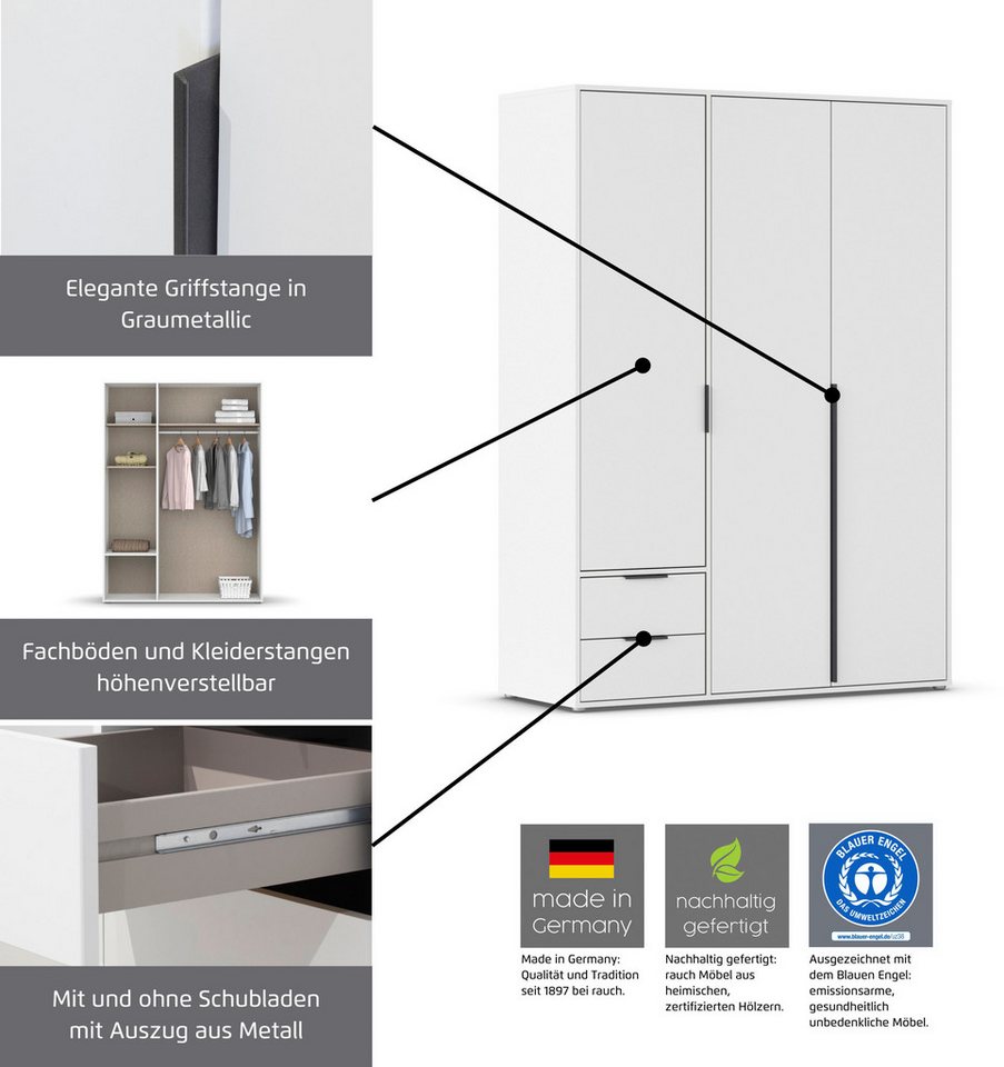 rauch Drehtürenschrank Kleiderschrank Schrank Garderobe Wäscheschrank NAGATA viel Stauraum (in 3 verschiedenen Ausstattungen BASIC/CLASSIC/PREMIUM) mit Schubladen sowie Stangengriffen TOPSELLER MADE IN GERMANY Bild 3