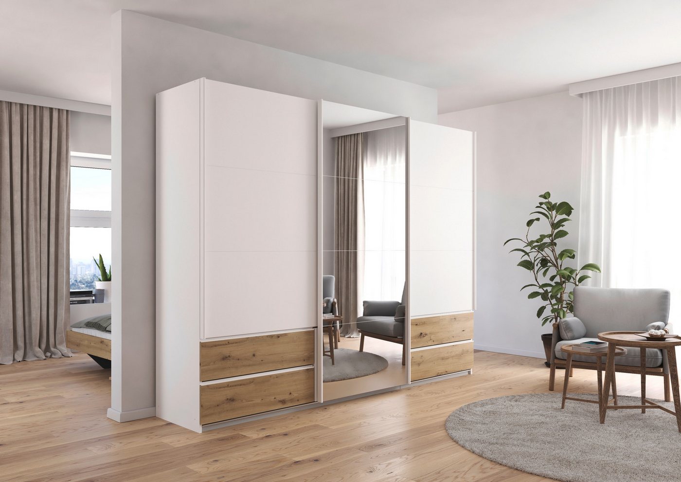 rauch Schwebetürenschrank Kleiderschrank Schrank Garderobe Wäscheschrank ELARA mit Spiegel praktische Schubladen optional farblich abgesetzt MADE IN GERMANY Bild 2