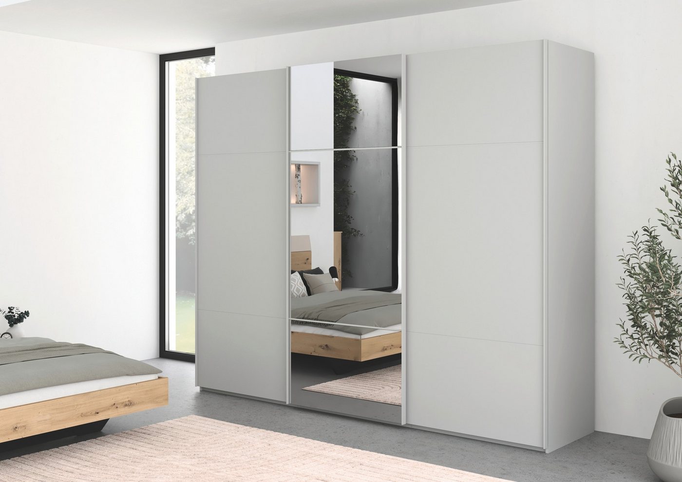 rauch Schwebetürenschrank Kleiderschrank Schrank Garderobe Schlafzimmerschrank SCALE-TRIO edle dreigeteilte Front mit 2 Zierleisten und Spiegel MADE IN GERMANY