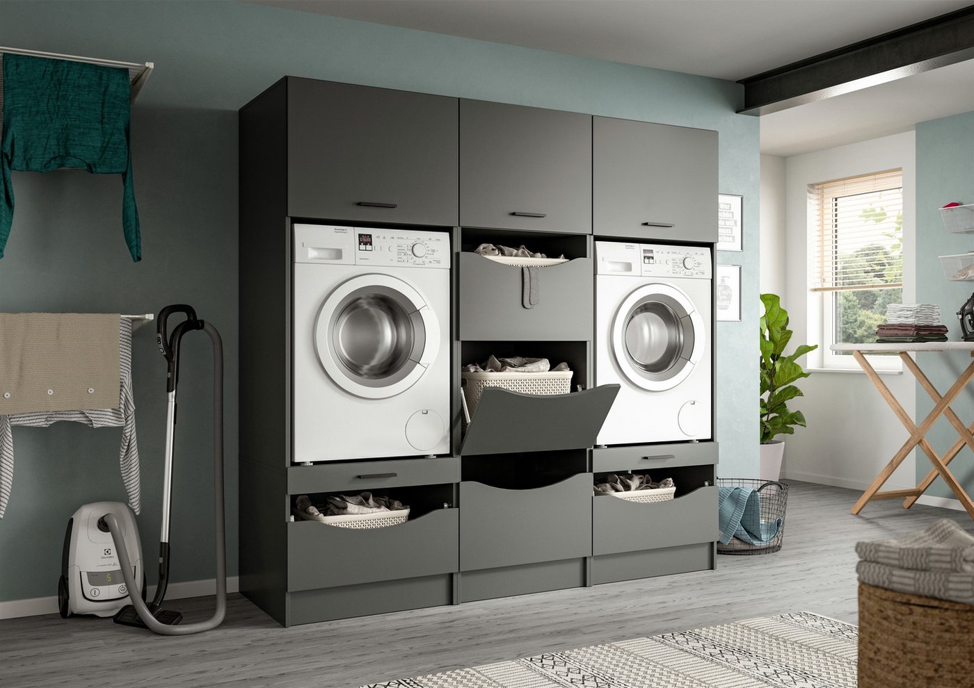 welltime Waschmaschinenumbauschrank FALAS, Höhe 195 cm, 2 Klappen, 1 Auszug, viel Stauraum (1-St., in verschiedenen Farben erhältlich, für Waschmaschine & Trockner) Waschmaschine, Trockner, Waschmaschinenschrank, Umbauschrank, Wäsche Bild 3