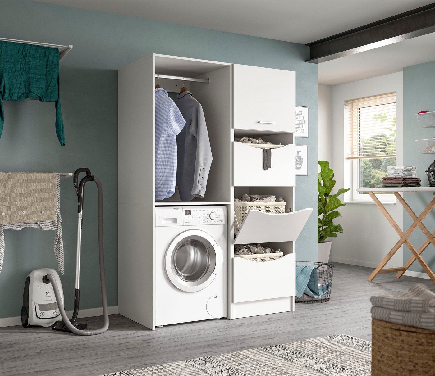 welltime Waschmaschinenumbauschrank FALAS, Höhe 195 cm, 1 Ablageboden, 1 Kleiderstange (1-St., in verschiedenen Farben erhältlich, für Waschmaschine & Trockner) Waschmaschine, Trockner, Waschmaschinenschrank, Umbauschrank, Wäsche