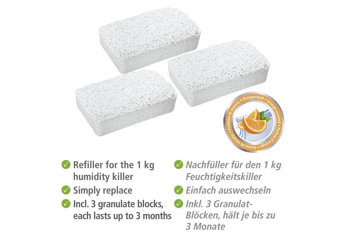 WENKO Raumentfeuchter-Nachfüllpack Orangenduft, für Luftentfeuchter Feuchtigkeitskiller 1 kg, Orange, Packung, 3-er Set Nachfüllpack für Raumentfeuchter, geräuschlos, ohne Strom