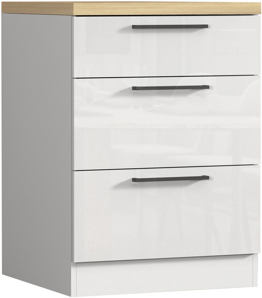 KOCHSTATION Unterschrank Luna, Küchenunterschrank, Unterschrank mit Schubladen, Made in Italy B/T/H: 60 × 60 × 85 cm, mit 3 Schubkästen, 3,5 cm starke Oberplatte