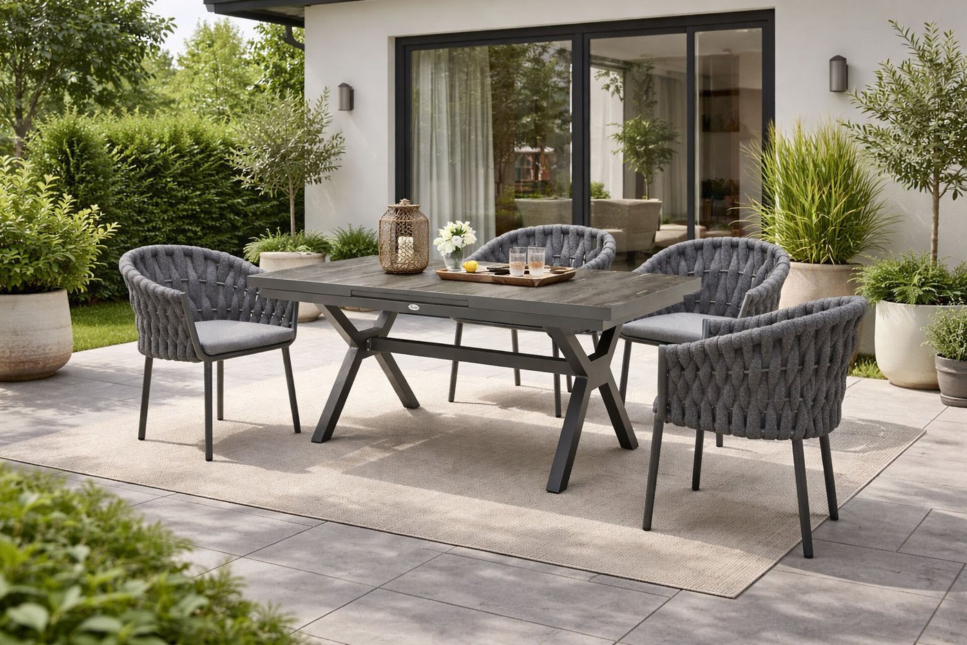 Destiny Garten-Essgruppe MOLINO GARDA 4 Se + Ausziehtisch 160/210x100cm, anthrazit, (Set, 4 Sessel inkl. Sitzkissen, 1 Tisch mit Synchronauszug), Aluminium, Textilene, Keramikplatten Bild 4