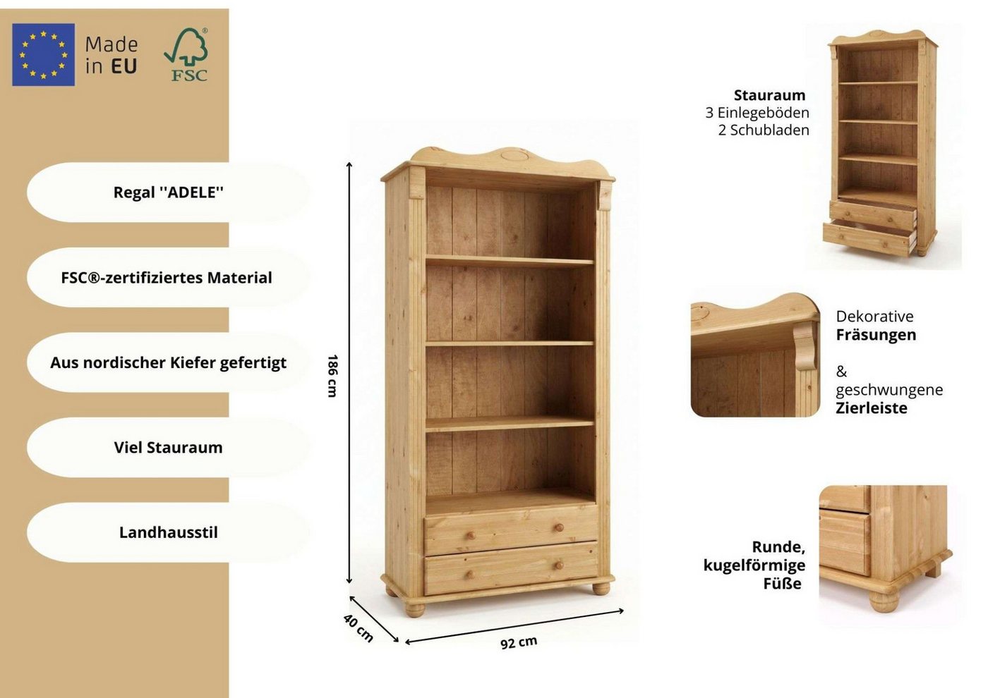 OTTO home Bücherregal Adele, Standregal, Regal, aus massiver Kiefer, Breite 92 cm, mit 2 Schubladen, FSC®