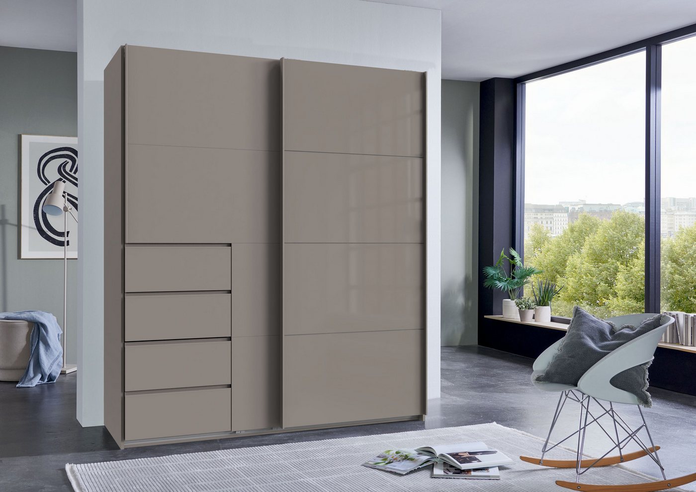 Wimex Schwebetürenschrank Bali in den Breiten 180cm, 225cm & 270cm, Schrank mit Glaselement Kleiderschrank erhältlich in den Farben, grafit und saharagrau Bild 4