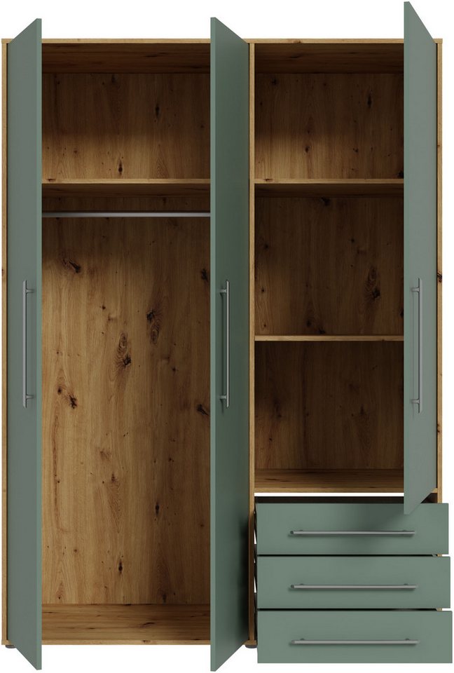 FORTE Drehtürenschrank Kleiderschrank,zeitloses Design,3 türig viel Stauraum, Schubladen, Stangengriffe, Made in Europe