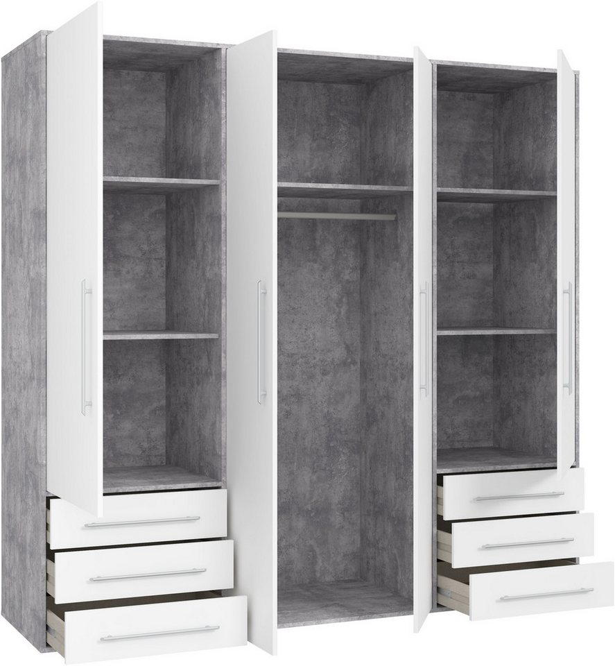 FORTE Drehtürenschrank Mokkaro, Kleiderschrank,zeitloses Design, 4 türig viel Stauraum, Schubladen, Stangengriffe, Made in Europe