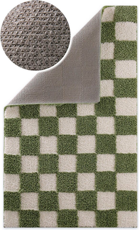Wecon home Badematte Bobbi, Höhe 25 mm, rutschhemmend beschichtet, schnell trocknend, Polyester, rechteckig, Badteppich, Schachbrett-Design, weich, rutschhemmend, waschbar