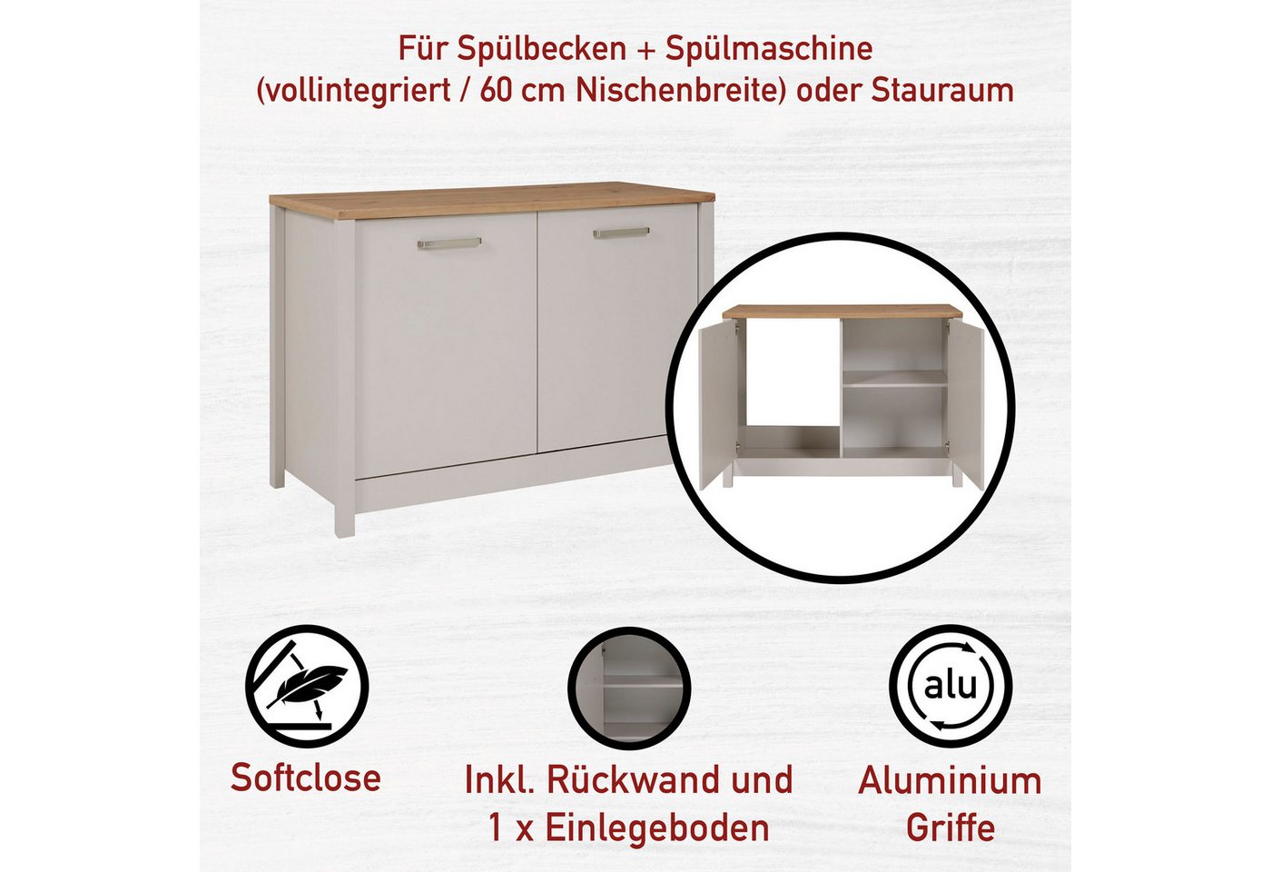 Inter Link Spülenschrank Pienza, Küchenschrank, Spülenunterschrank, HPL-Arbeitsplatte (1-St) Für Spüle & Spülmaschine, Soft-Close, Füße höhenverstellbar, 130x60x92 Bild 4